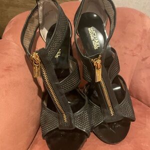 Michael Kors Berkeley T-strap Black Heels with Gold Zipper